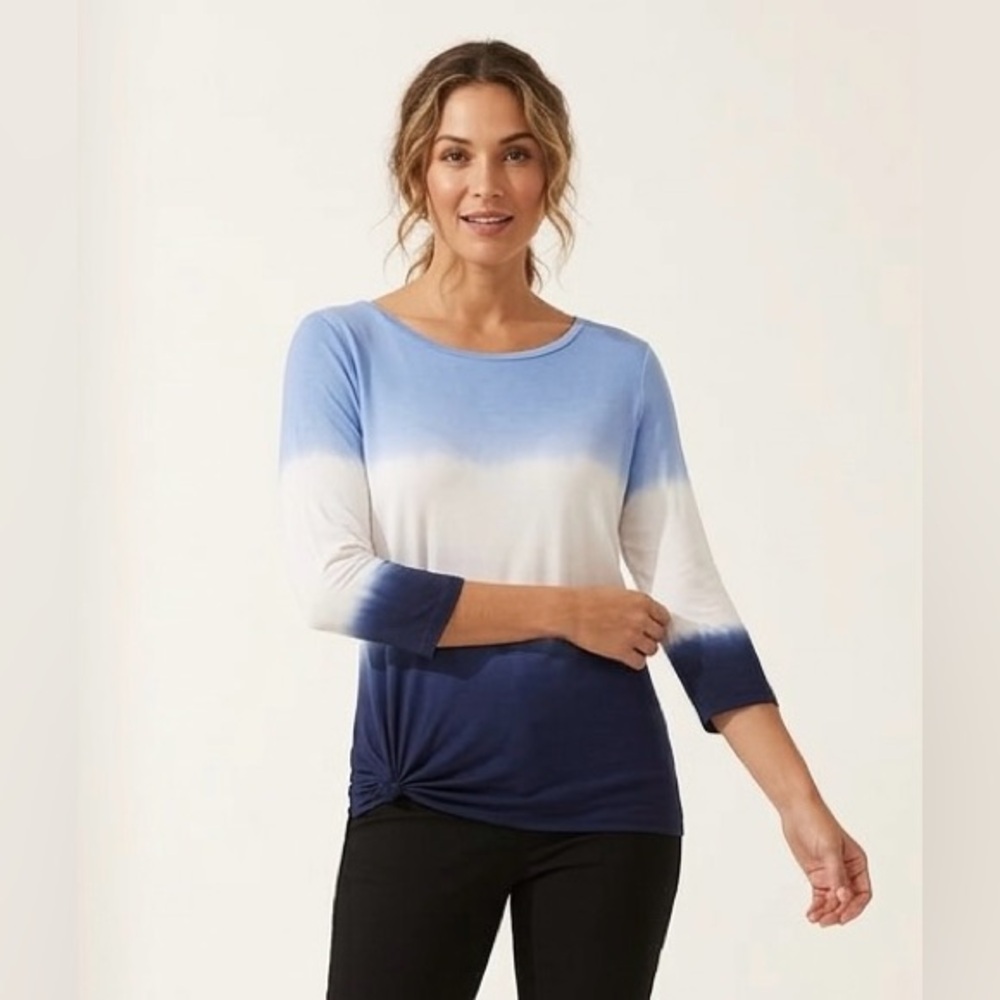 Absolutely Famous Ombre Long-Sleeve Crewneck Top - Light Blue/White/Navy